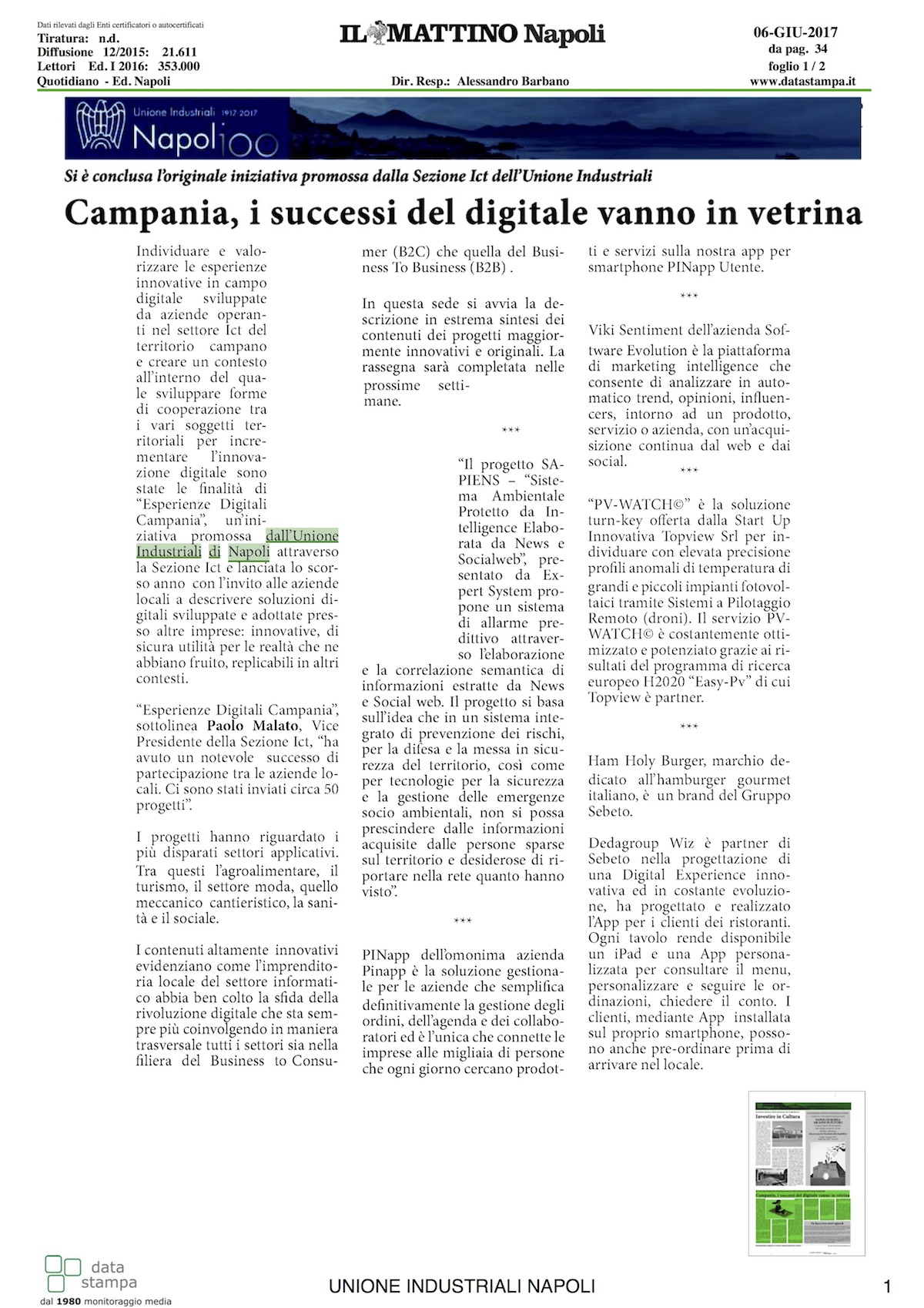 TopView tra le aziende menzionate dell’Unione Industriali di Napoli con la soluzione sul controllo fotovoltaico “PV-WATCH©”